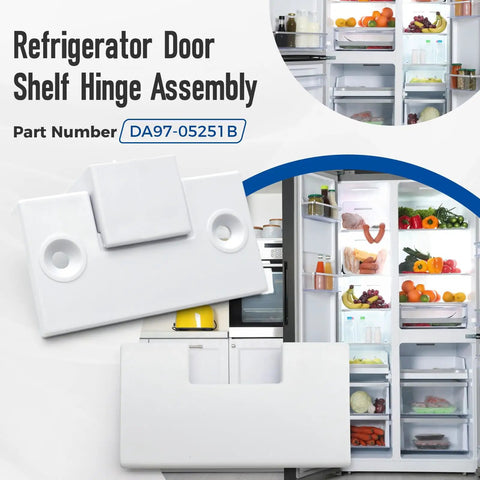 Refrigerator Hinge Shelf Assembly Replacement For Samsung Models DFSF9VKBABB DFSF9VKBAWW DFSS9VKBASS Replaces 2049739 And DA97-05251A Plug And Play Direct Fit Door Shelf Hinge with product image.
