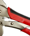 Locking Face Clamp 11 Inch Portable Table Vise Grip For Home Shop And Welding Beefy Heavy Duty Carbon Steel With Swivel Pads Tight Secure Hold For Woodworking And Metal Fabrication Projects, red handled close-up