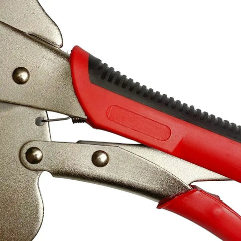 Locking Face Clamp 11 Inch Portable Table Vise Grip For Home Shop And Welding Beefy Heavy Duty Carbon Steel With Swivel Pads Tight Secure Hold For Woodworking And Metal Fabrication Projects, red handled close-up