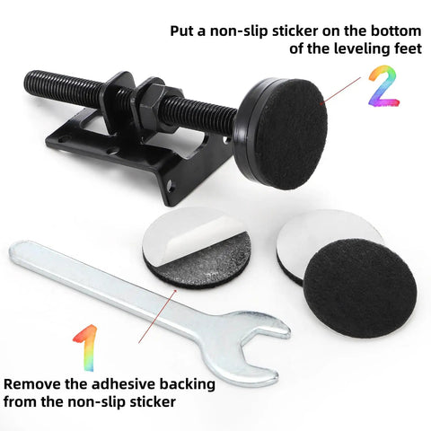8 Pack Heavy Duty Adjustable Leveling Feet Set With Screws Lock Nuts And Wrench For Workbenches Cabinets Tables Shelves And Furniture Stable Level Anti Slip Pads Easy To Install showing wrench and anti-slip pads