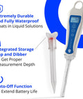 Soil pH Pen Digital Meter And Water Test Kit featuring lab quality glass probe, waterproof design, and clear digital display.