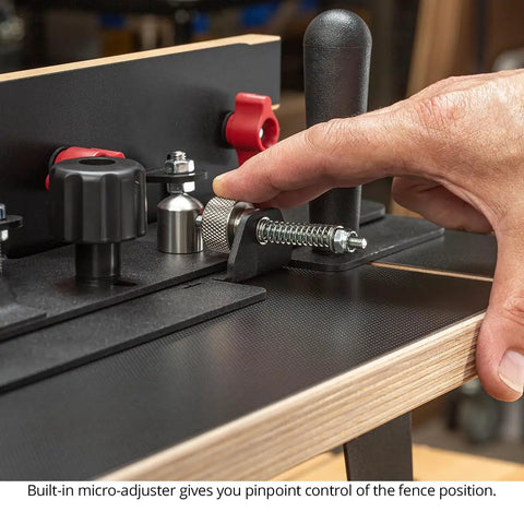 USA Made Portable Benchtop Router Table With Straight Up Precision Fence, micro-adjuster for precise fence control.
