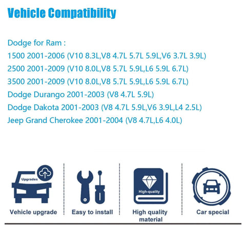Vehicle compatibility chart for Dodge Ram 1500 2500 3500 Dakota Durango 2001-2009, Jeep Grand Cherokee 2001-2004