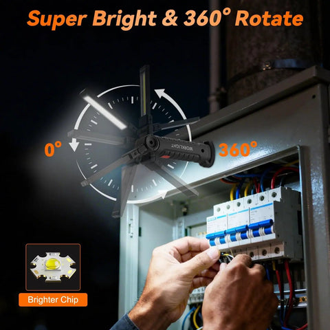 Worker using Six Pack Magnetic LED Work Lights With 360 Degree Rotating Heads, Rechargeable Mechanics Light With Five Modes on panel