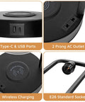 Close-up of Two-Pack Wireless Charging Bedside Table Lamp Set With Touch Control Dimmable Lights, ports, outlet, socket details.