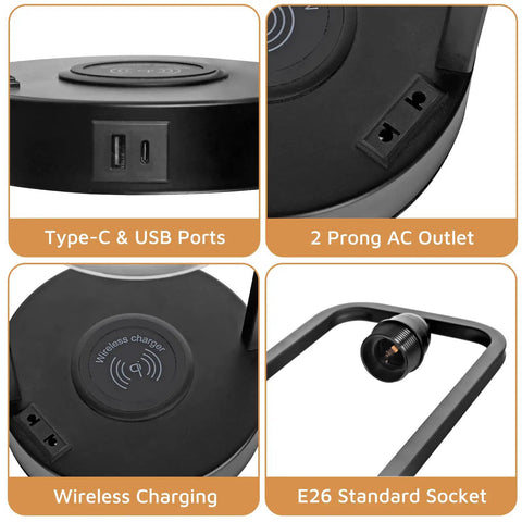 Close-up of Two-Pack Wireless Charging Bedside Table Lamp Set With Touch Control Dimmable Lights, ports, outlet, socket details.