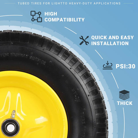 Close-up of 2-Pack 4.80 4.00-8 Inch Tire And Wheel Set For Wheelbarrows Hand Trucks Garden Carts showing tire and yellow rim.