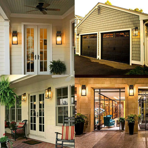 Rugged Matte Black Outdoor Wall Lantern Sconce with clear glass shade on various doors and garage, IP65 waterproof, anti-rust aluminum.