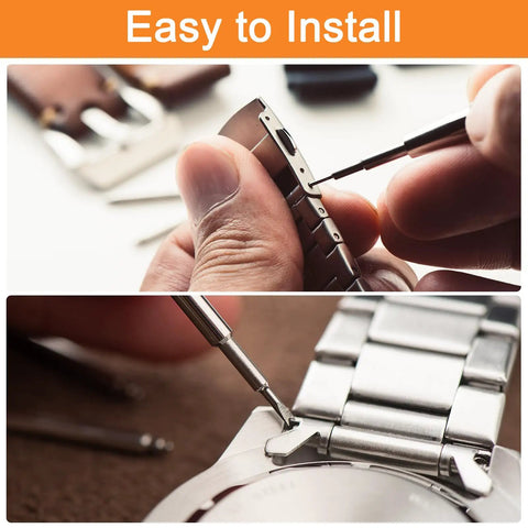 Heavy Duty Full 8PC Set Stainless Steel Watch Spring Bar Pins 1.5X18MM being installed on a watch strap.