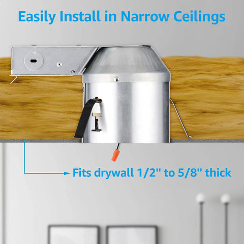 Pack Of 8 Four Inch Shallow Remodel Recessed Lighting Housing IC Rated Airtight Cans with insulation in ceiling view