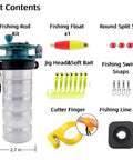 Grab And Go Pocket Sized Fishing Rod Kit All In One Survival Gear for hiking with reel, float, bait, swivels, cutter, and line.