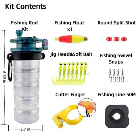 Grab And Go Pocket Sized Fishing Rod Kit All In One Survival Gear for hiking with reel, float, bait, swivels, cutter, and line.