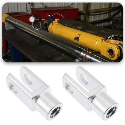 Two Piece M8x1.25 Air Cylinder Rod Clevis Ends With Right Hand Female Thread Y Connector For Electronic Automation Equipment 42mm Long By 16mm Wide 8mm Installation Diameter Carbon Steel Durable, shown with hydraulic cylinder