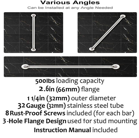 Two Pack 32 Inch Shower Grab Bars Set in SUS304 Stainless Steel, Rustproof, with Concealed Mount, installed in various angles.