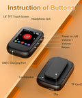 Bluetooth 5.3 Mp3 Player With Touch Screen Clip On Back Portable Kids Music Player with labeled buttons and ports