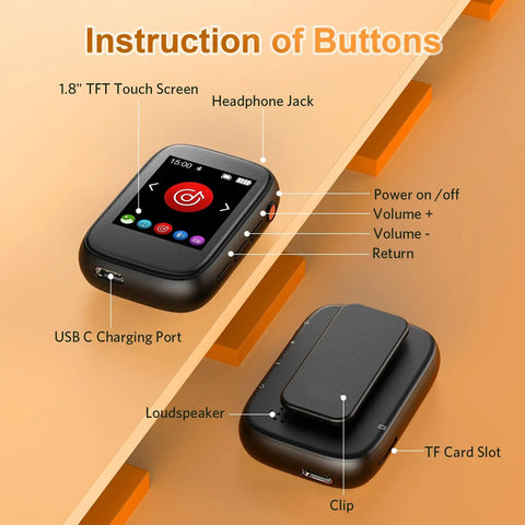 Bluetooth 5.3 Mp3 Player With Touch Screen Clip On Back Portable Kids Music Player with labeled buttons and ports