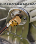 Close-up of a brass hose connection on Garden Hose Reel Cart With Wheels Stainless Steel Heavy Duty Hose Storage Carrier For Outdoor Use