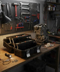 Heavy-Duty Folding Three-Tier Cantilever Tool Chest For Home Garage And Vehicle Projects on workshop bench