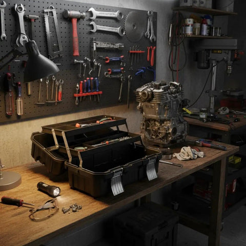 Heavy-Duty Folding Three-Tier Cantilever Tool Chest For Home Garage And Vehicle Projects on workshop bench
