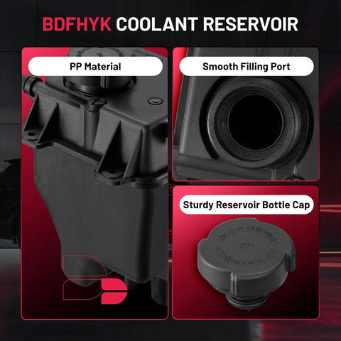 Keep Engines Chill Under Pressure Engine Coolant Expansion Reservoir Overflow Tank Bmw X5 Range Rover showing black polypropylene material and sturdy cap.