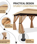 10x20 Outdoor Gazebo With Mosquito Netting, All Weather Steel Frame Canopy For Shade And Rain, beige with heavy-duty beams