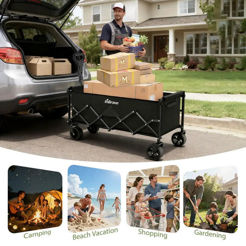 Extra Long Collapsible Utility Wagon Cart With All Terrain Wheels Heavy Duty 480 Lb Haul Capacity Foldable Grocery Cart For Gardening Shopping Beach And Camping Black in driveway