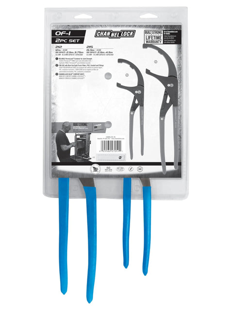 Back packaging of Garage Ready Heavy Duty Oil Filter and PVC Pliers Set, 12 Inch and 15 Inch Pliers for Heavy Equipment
