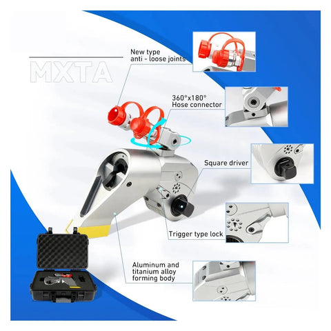 Built Tough Hydraulic Torque Wrench Kit With Square Drive Adapter And Fully Rotating Hose, showcasing anti-loose joints and trigger lock.