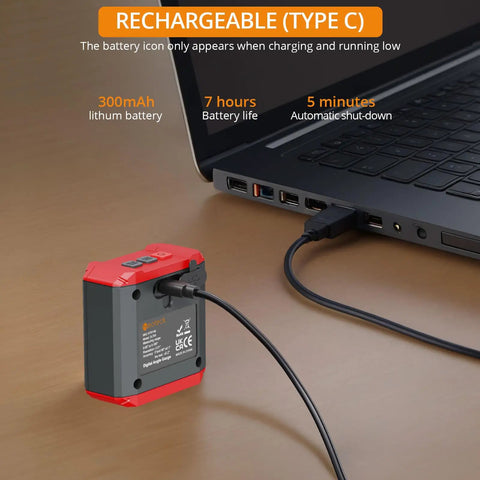 Pro Digital Angle Finder With Led Rechargeable Level Magnetic Base Waterproof Bevel Gauge Inclinometer plugged into laptop for charging.
