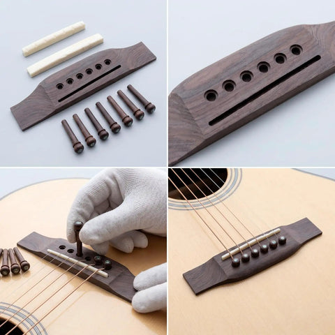 Hardwearing Classical Guitar Bridge Kit Replacement Saddle Pins Nut Set Rosewood Bone Long Slot For 41 Inch Traditional Classical Guitars Upgrade And Repair Spare Parts, set with bridge and pins