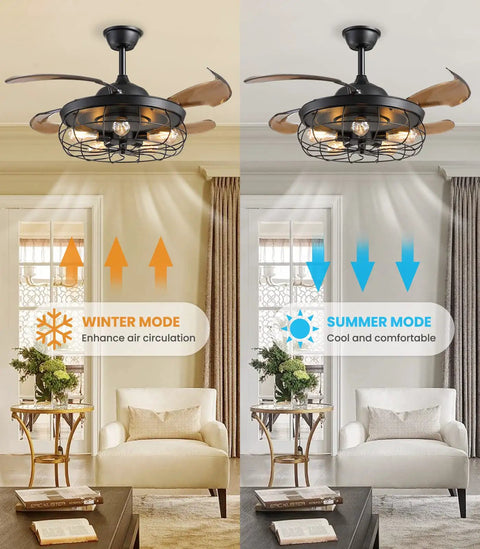 36 Inch Retractable Blade Ceiling Fan With Lights Remote Control, Industrial Farmhouse Chandelier Vibe, winter and summer modes