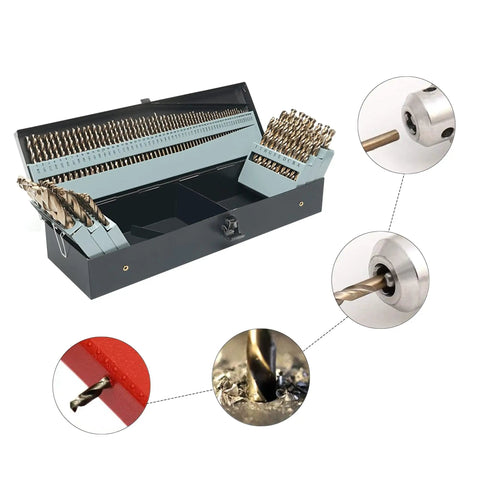 115 Piece Cobalt Drill Bits Set With High Speed Steel 135 Degree Point Twist Jobber Length For Hardened Metal Plastic And Wood In Durable Metal Indexed Storage Case 1/16 To 1/2 Inch And 29 Fractional Sizes