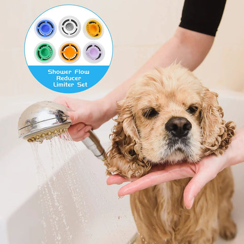 Shower Flow Reducer Set With Half Inch Valve And Six Flow Restrictors, used with handheld spray on dog, water-saving options
