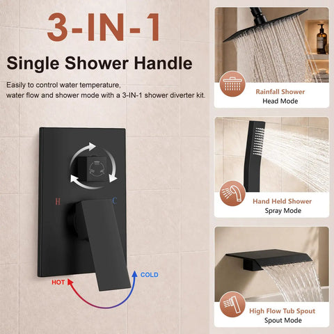 Badass Matte Black 8 Inch Rainfall Shower Combo With Handheld Wand And Tub Spout Diverter Heavy Duty Brass Valve Complete Setup For Killer Bathroom Upgrades