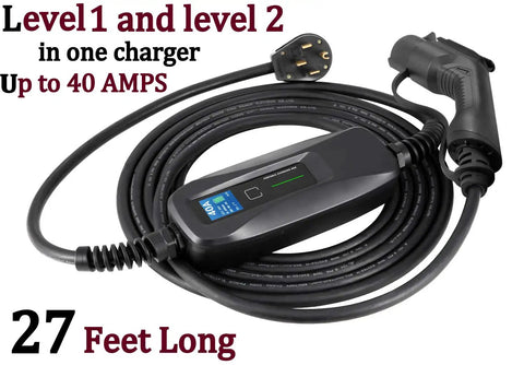 40 Amp Level 2 EV Charger With Dual Voltage 120V And 240V Portable Charging Station, coiled 27-foot cable, plug, NEMA 14-50P J1772 visible