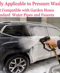 X-887 High Pressure Washer Gun With Foam Cannon Kit being used to wash a car, brass foam lance core visible