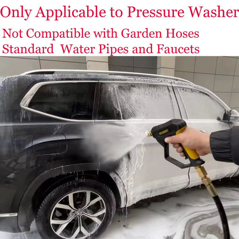 X-887 High Pressure Washer Gun With Foam Cannon Kit being used to wash a car, brass foam lance core visible