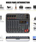 6 Channel USB Audio Interface DJ Mixer With Bluetooth MP3 Playback And 48V Phantom Power interface with labeled inputs