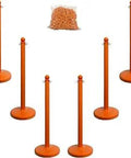 Plastic Stanchion Kit With 50 Feet Of 2 Inch Chain And C Hooks Safety Orange Pack Of 6 For Indoor And Outdoor Crowd Control Lightweight Durable Poly UV Resistant, showing 6 orange stanchions with chain and C hooks.