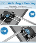 Image of heavy duty manual rebar bender demonstrating 90° and 180° bending angles for steel bars up to 14mm.