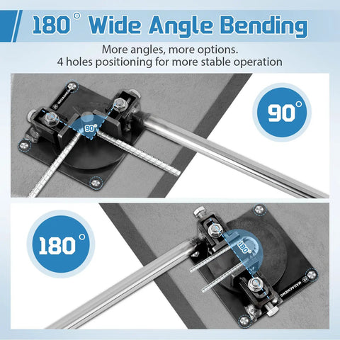 Image of heavy duty manual rebar bender demonstrating 90° and 180° bending angles for steel bars up to 14mm.