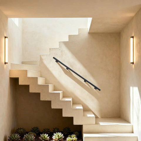 Premium Stainless Steel Flush Wall Mount Handrail For Indoor Outdoor Stairs on a modern staircase with succulents.