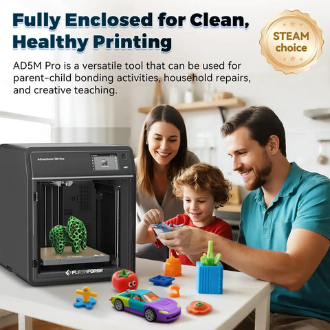 Family using Pro Grade CoreXY 3D Printer With 600mm/s High Speed, toys on table, Adventurer 5M Pro model.