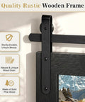 Top Tier Farmhouse Bathroom Mirror With Classic Barn Door Silhouette And Heavy Duty Black Metal Frame showcasing solid pine wood frame details.
