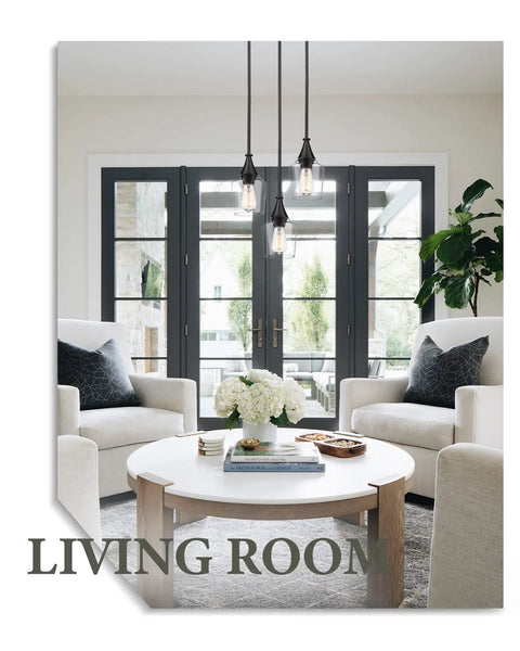 2 Pack Black Pendant Light Set With Wine Glass Shade hanging in modern living room, with gray sofas.