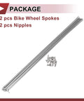 12 Pack 14G Bicycle Spokes 305mm Stainless Steel Silver Tone For Bike Wheels 304 Stainless Steel Built Tough Spoke Set With Copper Nipples And 14G Nipple Threads For Easy Replacement displayed with 12 spokes and nipples in package.