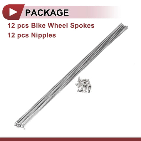 12 Pack 14G Bicycle Spokes 305mm Stainless Steel Silver Tone For Bike Wheels 304 Stainless Steel Built Tough Spoke Set With Copper Nipples And 14G Nipple Threads For Easy Replacement displayed with 12 spokes and nipples in package.