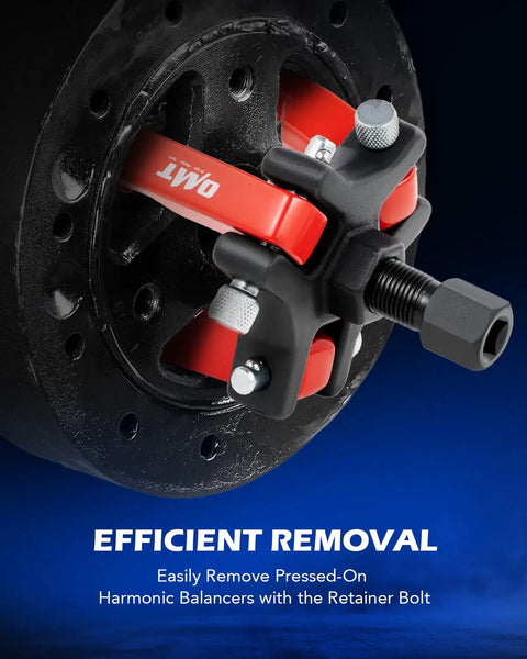 Harmonic Balancer Puller Kit With Adjustable Three Jaw Puller in use on engine, demonstrating efficient removal of harmonic balancers.