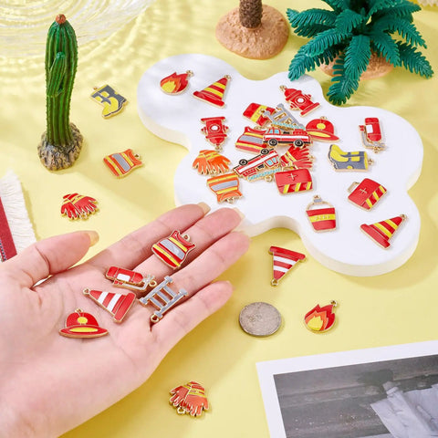 Firefighter Enamel Charms Set 30 Pieces In 15 Styles For DIY Jewelry Making Necklaces And Keychains Fire Truck Helmet Extinguisher Boots Hose And More Metal Charms In Vibrant Colors.