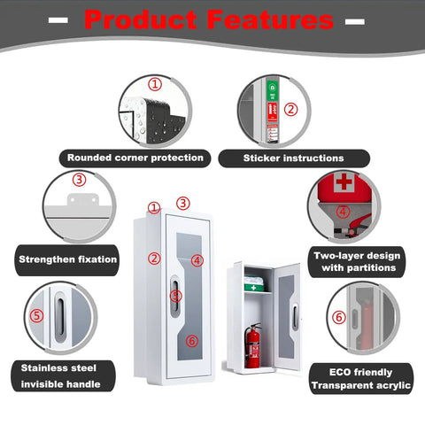 Product features of Heavy Duty Durable Metal Fire Extinguisher Cabinet With Magnetic Door And Acrylic Window Holds 2 5 10 Lb Extinguishers Plus First Aid Kit